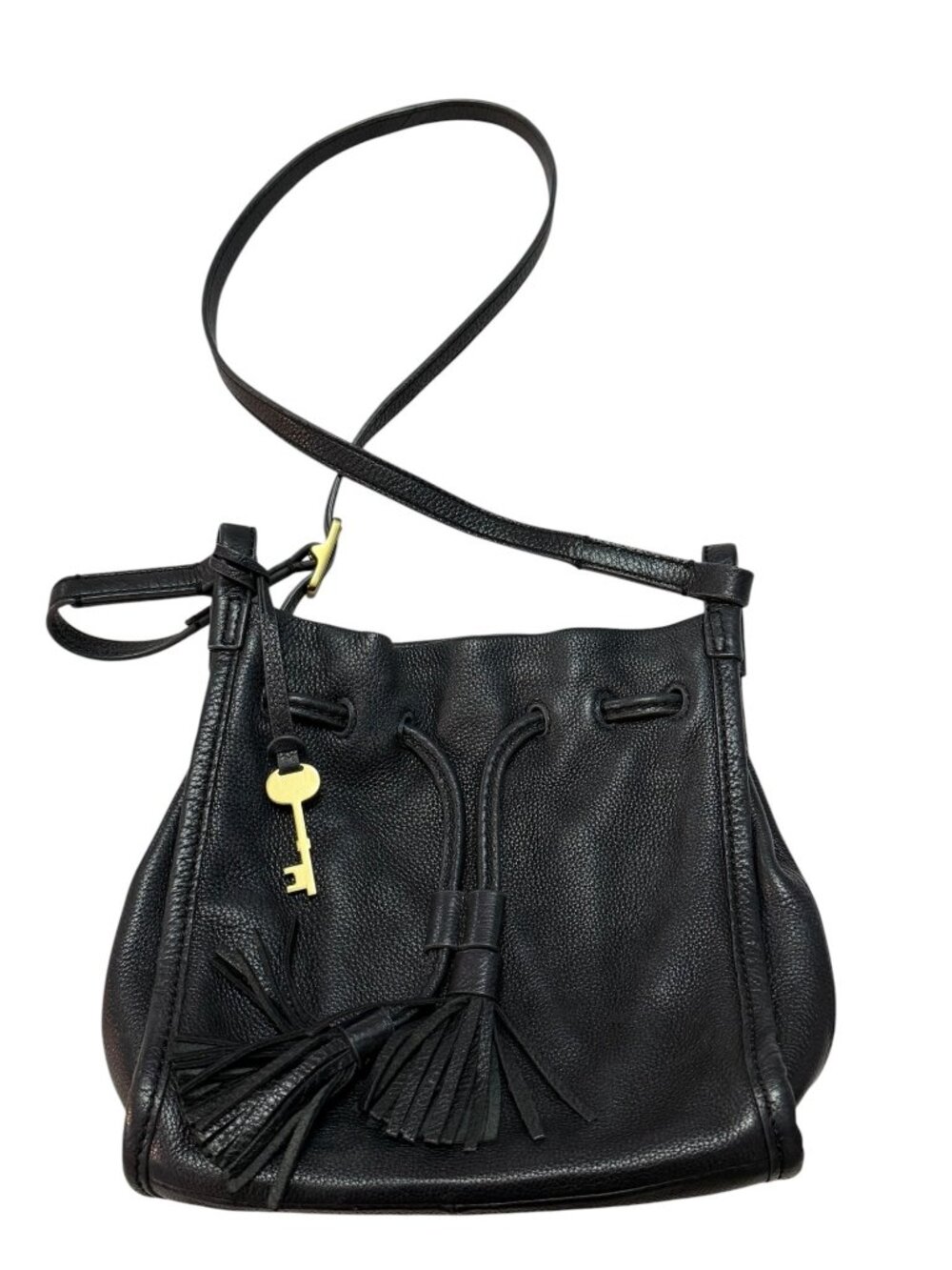 Vintage Fossil 75082 Black Leather Drawstring Bucket Crossbody Bag Key Tassels
